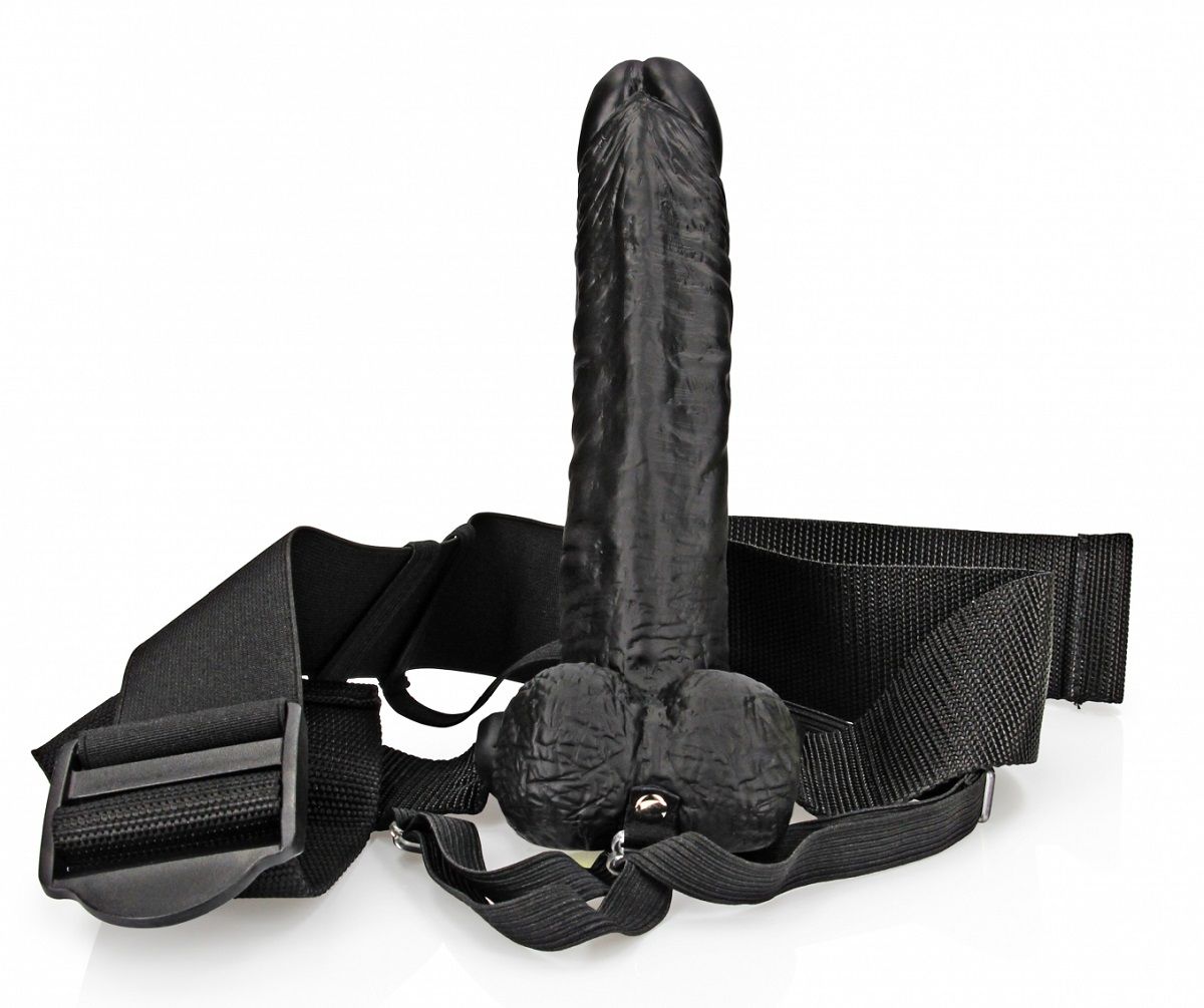 Черный реалистичный страпон-фаллопротез с мошонкой - 18 см.