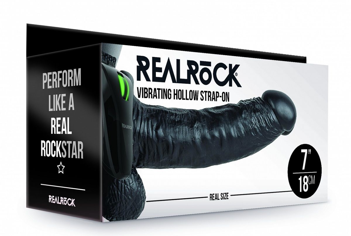 Черный реалистичный вибрострапон-фаллопротез с мошонкой - 18 см.