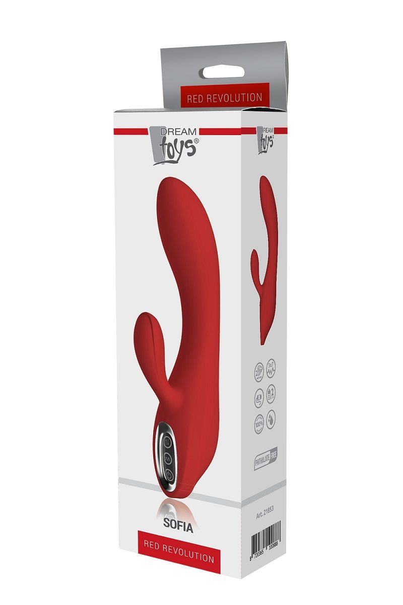 Красный вибратор с клиторальным отростком Sofia - 21 см.