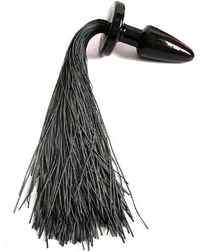 Анальная пробка с длинным черным хвостом - 11 см.