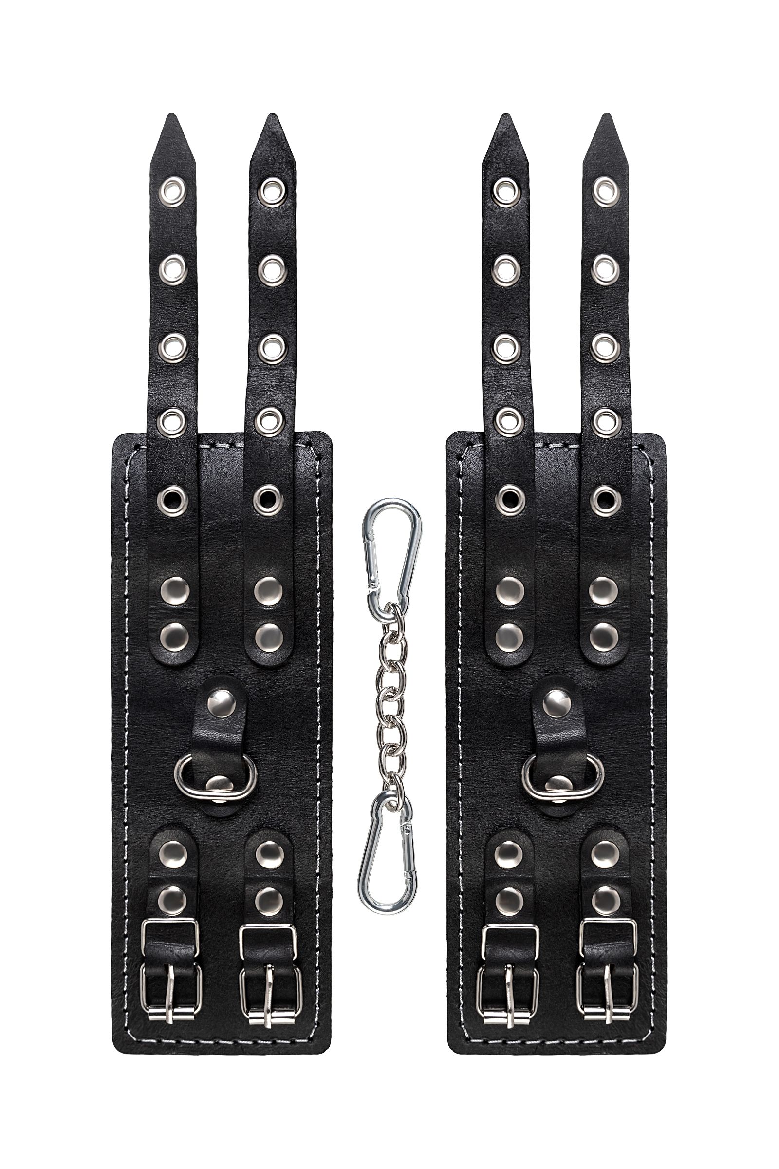 Черные кожаные наручники с двумя ремнями и красной подкладкой