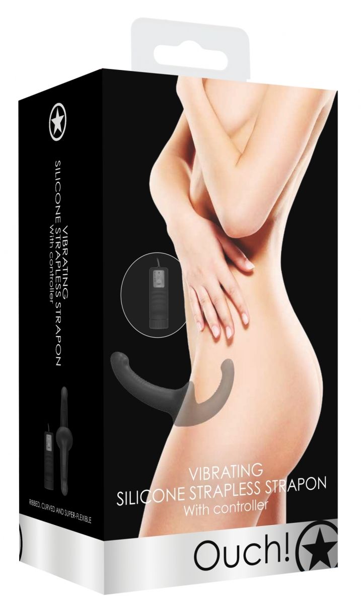 Черный безремневой вибрострапон с пультом управления Vibrating Silicone Strapless Strapon