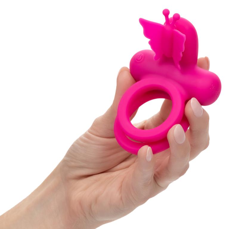 Розовое эрекционное виброкольцо Silicone Rechargeable Dual Butterfly Ring